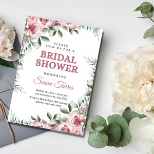 Bridal Shower Invitation Template, Pink Floral Greenery bridal shower invite, Editable floral bridal shower invitation download, printable