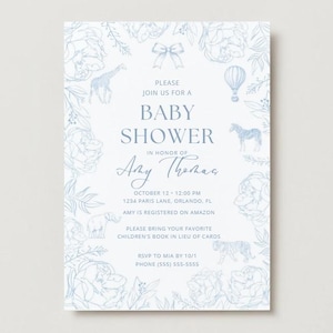 Blue Safari Toile De Jouy Baby Shower Invitation