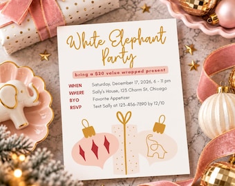 May include: A rectangular party invitation card with the text White Elephant Party, featuring details for a December 17, 2026 event. The design includes gold script, a pink banner, and illustrations of two ornaments and a gift box.