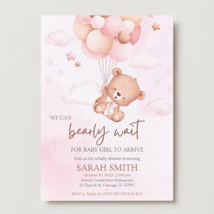 Baby Girl We Can Bearly Wait Baby Shower Invitation
