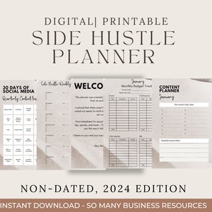 May include: A printable planner for side hustles with a beige background. The planner includes sections for 30 days of social media content, a weekly side hustle planner, a monthly budget tracker, and a content planner. The text "NON-DATED, 2024 EDITION" is at the bottom of the image.