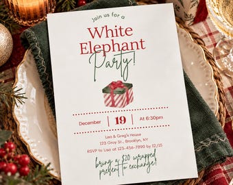 May include: A white rectangular party invitation with red and green text reading White Elephant Party, December 19 at 6:30pm, featuring a watercolor illustration of a gift box and instructions to bring a $20 wrapped present to exchange.