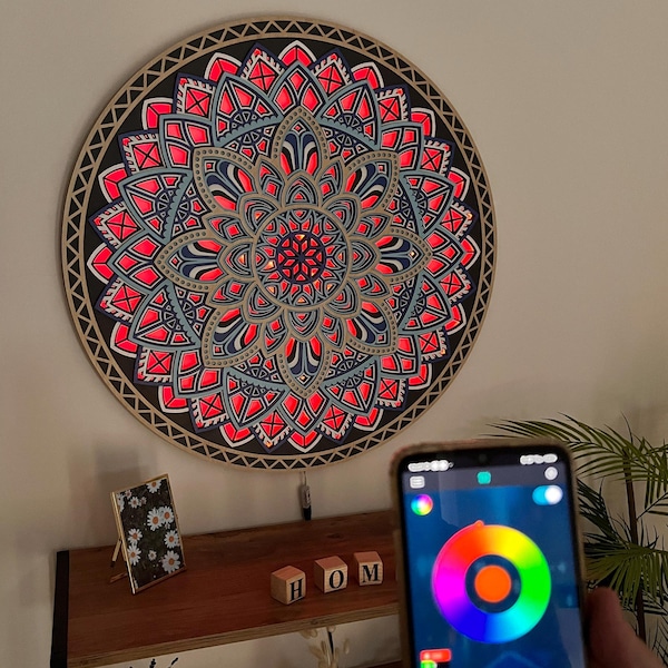 RGB LED Wooden Mandala Wall Art: App Controlled Color Changing Light