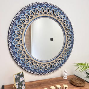 Wood Mandala Wall Mirror – Round Multilayer Mirror with Custom Colors – Boho Entryway & Living Room Decor – Handmade Layered Wall Art