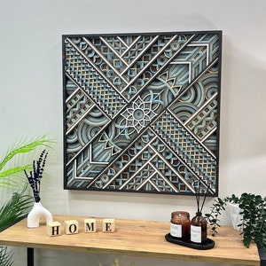 Modern Mandala Wall Art, Multilayer Wood Wall Decor in Cool Tones, Handmade Geometric Design, Neutral 3D Wall Hanging for Living Room-Office