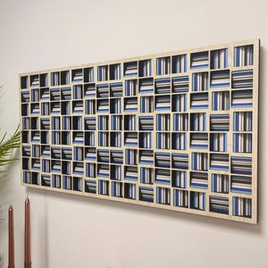 3D Geometric Wood Wall Art: Blue & Beige Grid Panel