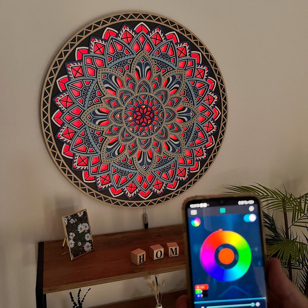 RGB LED Wooden Mandala Wall Art: App Controlled Color Changing Light - Etsy