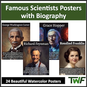 Cartazes de cientistas famosos com biografia curta - 24 lindos cartazes em aquarela