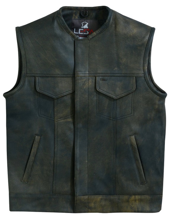 Distressed Brown Men's Motorcycle Leather Vest wi… - image 8