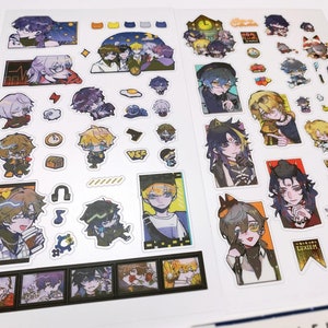 May include: A sheet of stickers featuring anime-style characters with various expressions and poses. The stickers are printed on clear sheets with a white background. The characters are mostly male and have colorful hair and clothing. Some of the stickers have text, including "VSF" and "Luxiem".