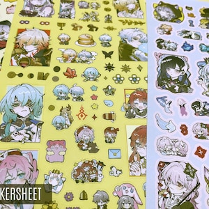 K&ouml;nnte beinhalten: Bl&auml;tter mit bunten Aufklebern mit Anime-Charakteren. Die Aufkleber haben verschiedene Designs, darunter Portr&auml;ts, kleine Figuren und dekorative Elemente. Der Text "HSR STICKERSHEET" ist unten sichtbar.
