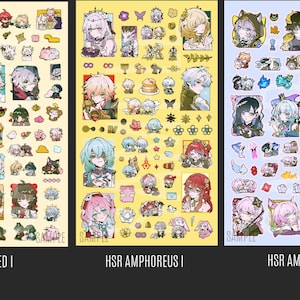 K&ouml;nnte beinhalten: Drei Stickerb&ouml;gen mit Illustrationen von Charakteren im Anime-Stil. Die B&ouml;gen sind mit "HSR MIXED I", "HSR AMPHOREUS I" und "HSR AMPHOREUS II" beschriftet. Jeder Bogen hat einen anderen farbigen Hintergrund und enth&auml;lt verschiedene Charakterdesigns und kleine dekorative Elemente.