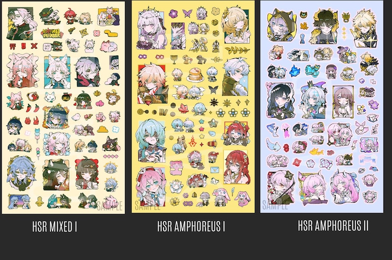 K&ouml;nnte beinhalten: Drei Stickerb&ouml;gen mit Illustrationen von Charakteren im Anime-Stil. Die B&ouml;gen sind mit "HSR MIXED I", "HSR AMPHOREUS I" und "HSR AMPHOREUS II" beschriftet. Jeder Bogen hat einen anderen farbigen Hintergrund und enth&auml;lt verschiedene Charakterdesigns und kleine dekorative Elemente.