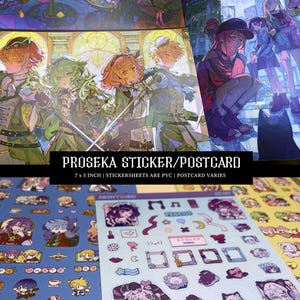 Puede incluir: Una colección de pegatinas y postales ProSeka. La imagen presenta varias ilustraciones de estilo anime, incluyendo arte de personajes y elementos decorativos. Las pegatinas están sobre un fondo azul. Las postales miden 17,78 x 12,7 cm.