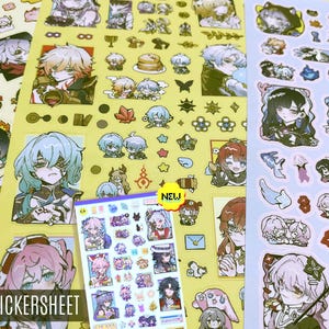 May include: Three sticker sheets featuring various anime-style character illustrations, small icons, and food items. The sheets include a yellow background sheet, a white background sheet, and a smaller rectangular sheet with a yellow NEW label.