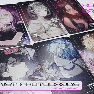 May include: A collection of six art photocards featuring anime-style illustrations of characters with flowers. The cards have a black border and the text "HOLO CARDS" and "RUNST PHOTOCARDS" in pink and white. Each card is 55 mm x 85 mm.