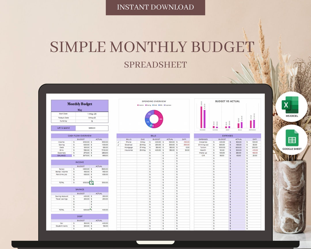 Monthly Budget Spreadsheet Planner Template for Excel and - Etsy