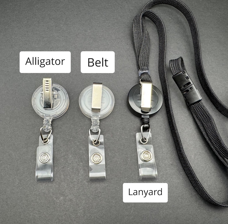 May include: A collection of ID badge holders and a lanyard. The badge holders include alligator and belt clips. The lanyard is black and has a black plastic clasp. The text on the image reads "Alligator", "Belt", and "Lanyard".