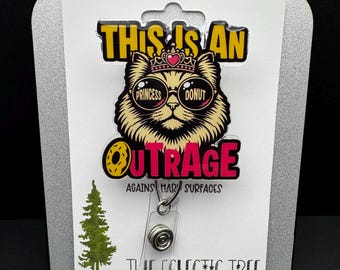 This is an Outrage Cat DCC Funny Retractable Badge Reel