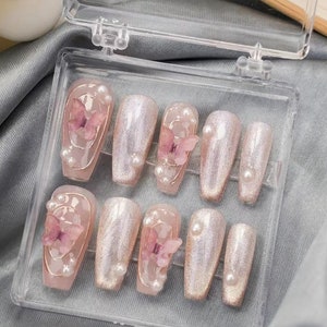 Pinky Butterfly Coffin Press On Nails Gift For Girl