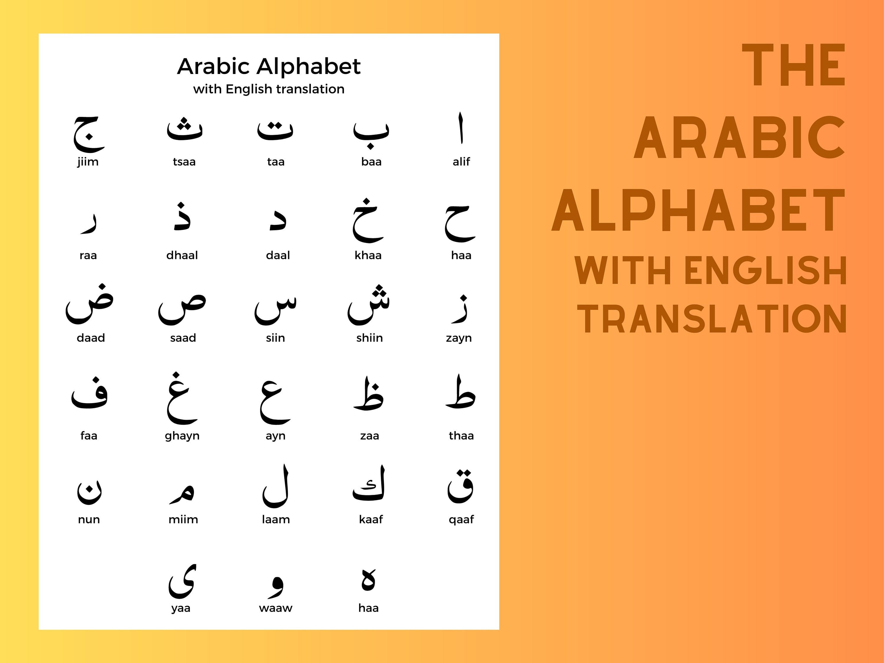 Arabic Alphabet With English Translation Reference Sheet photo picture