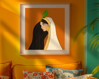 Pakistani Woman with Parrot Art Print: Mughal Inspired Desi Decor (Digital Download)