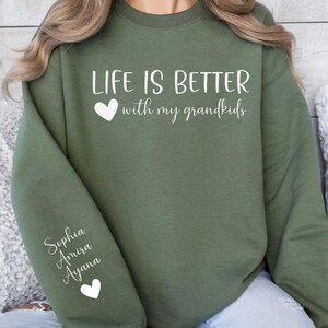 Personalized Grandma Sweatshirt with Grandkids Names on Sleeve, Custom Grandma Shirt, Nana Gigi Mothers Day Birthday Gift for Grandmother