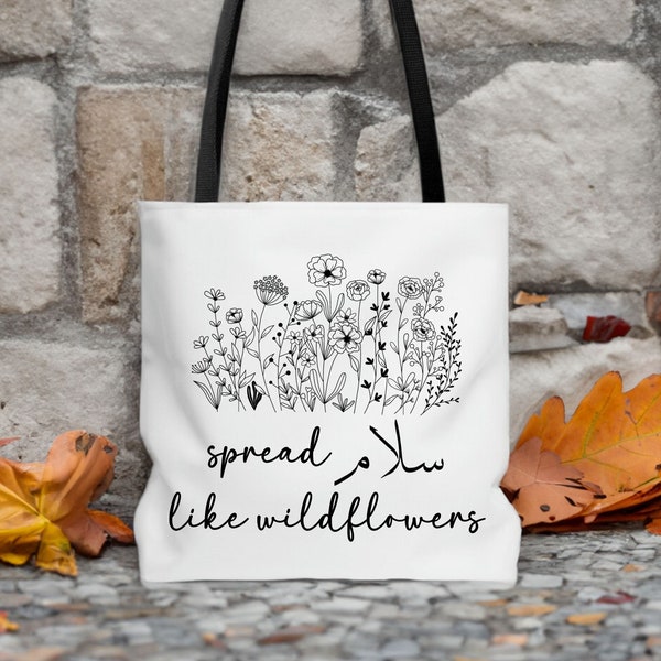 Spread Salaam Like Wildflowers Tote Bag with Arabic Calligraphy, Islamic Bag Gift for Mom, Eid Gift for Muslim Girl, Ramadan Gift Woman Bag