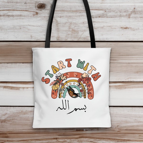 Start With Bismillah Tote Bag with Arabic Calligraphy, Islamic Gift for Mom, Retro Muslim Woman Tote Bag, Eid Gift, Ramadan Gift for Women