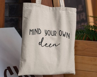 Ramadan Mind Your Own Deen Tote Bag, Arabic Islamic Gift for Mom, Retro Muslim Ramadan Gift, Eid Gift for Women, Cute Muslim Bag for Women
