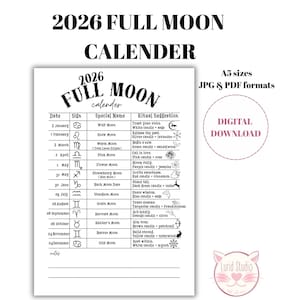 May include: A digital download of a 2026 Full Moon calendar in A5 sizes, JPG & PDF formats. The calendar lists the date, astrological sign, special name, and ritual suggestions for each full moon. The text includes "Digital Download" and a logo.