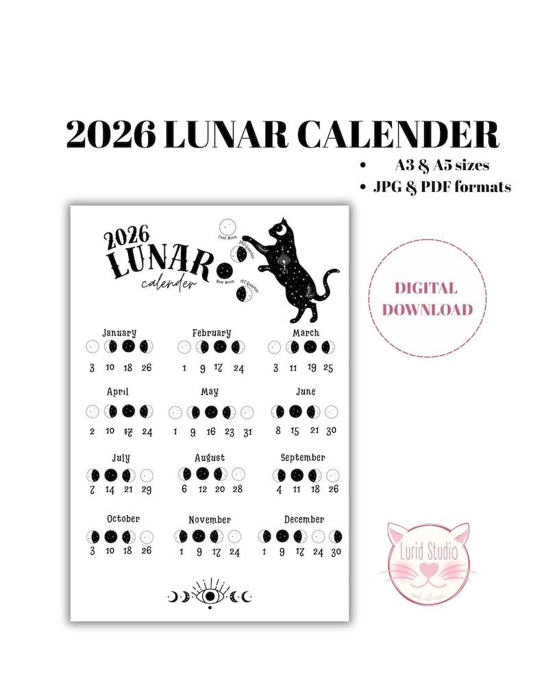 2026 Lunar Calendar: Witchy Moon Phases Wall Art (digital Download, A3 ...