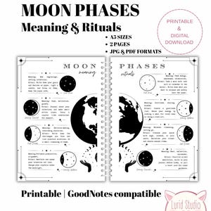 May include: A digital printable featuring "MOON PHASES Meaning & Rituals" with A5 sizes, 2 pages, and JPG & PDF formats. The design includes moon phase illustrations, text, and the words "Printable & Digital Download".