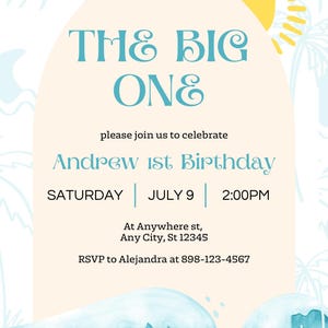 Big One Surf Birthday Invitation, Editable Surfboard Birthday Invitation, Summer Pool Party on the Beach, DIGITAL DOWNLOAD