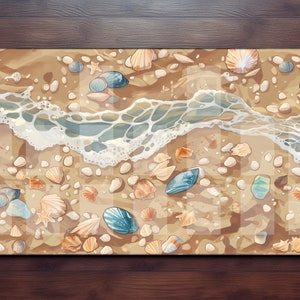 May include: A beach-themed bath mat with a checkered pattern and a wave design. The mat features seashells, starfish, and pebbles in shades of blue, brown, and white.