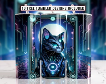 Cyber Moon Cat Tumbler Wrap PNG, design de sublimação de copo magro de 20 onças, gato preto com lua brilhante