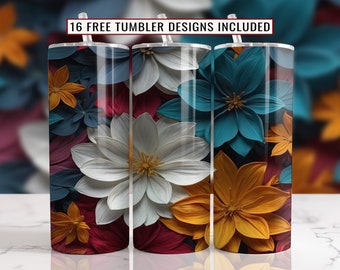 Op de afbeelding: Drie roestvrijstalen bekers met bloemmotieven. De bekers hebben een herhalend patroon van grote, gestileerde bloemen in tinten wit, blauwgroen, geel en bordeaux. Elke beker heeft een doorzichtig deksel en een rietje. De tekst "16 FREE TUMBLER DESIGNS INCLUDED" staat bovenaan.