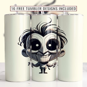 May include: Three white insulated tumblers with a cartoon character design. The central tumbler features a black and white illustration of a smiling, stylized figure. The text "16 FREE TUMBLER DESIGNS INCLUDED" is at the top.