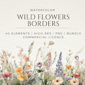 Acuarela flores silvestres PNG bordes flores de campo clipart bordes prefabricados Boda Clipart flores silvestres clipart licencia comercial