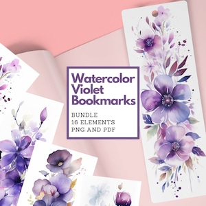 Bundle of 16 Violet Watercolour Flower digital bookmarks to Download and print floral bookmarks violet foliage bookmarks instant download