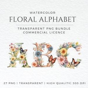 Acuarela Floral Alfabeto Letras Clipart PNG Paquete Floral Clip art Letras Niños Alfabeto DIY Licencia comercial planificación de bodas