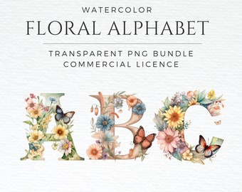 Watercolor Floral Alphabet Letters Clipart PNG Bundle Floral Clip art Lettering Kids Alphabet DIY Commercial licence wedding planning