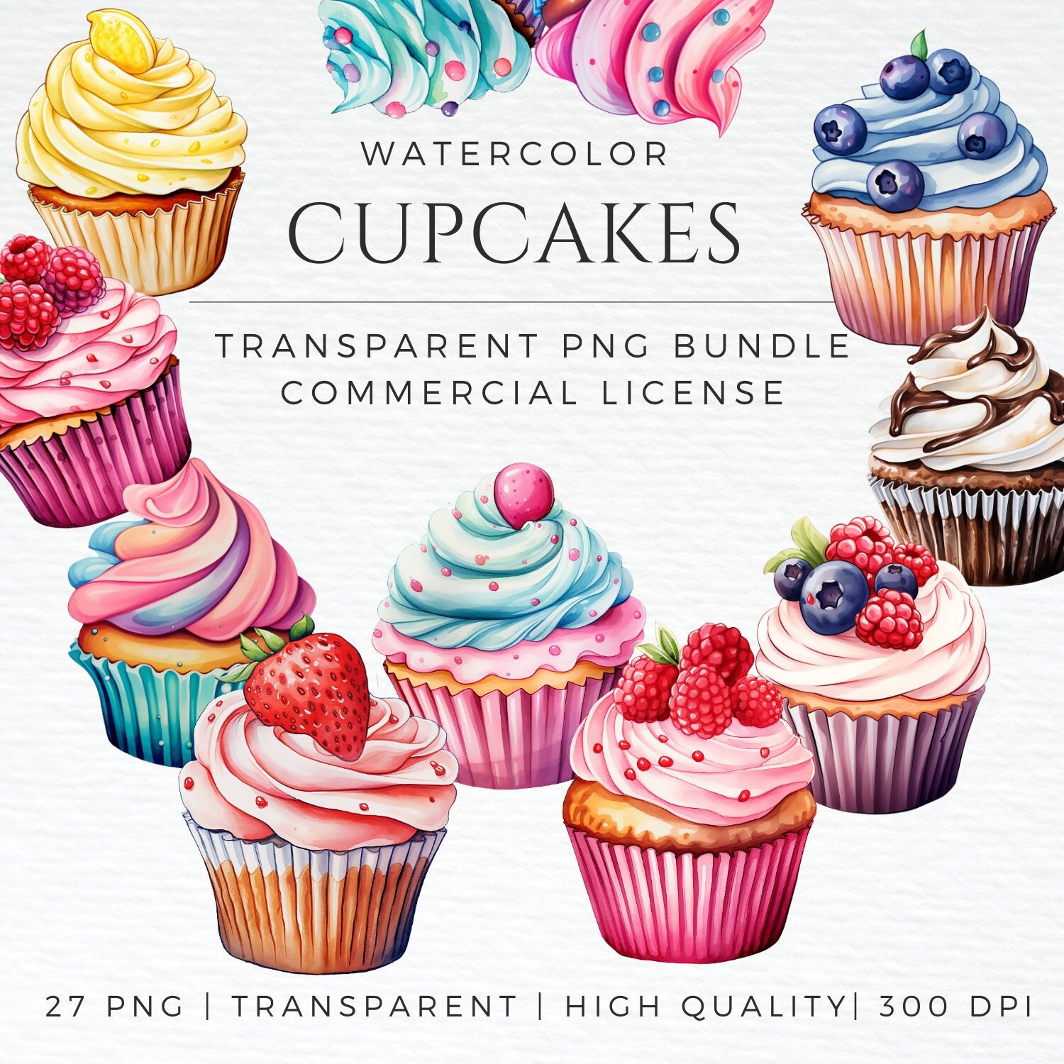 Watercolor Cupcakes PNG Bundle Transparent Full Commercial License ...