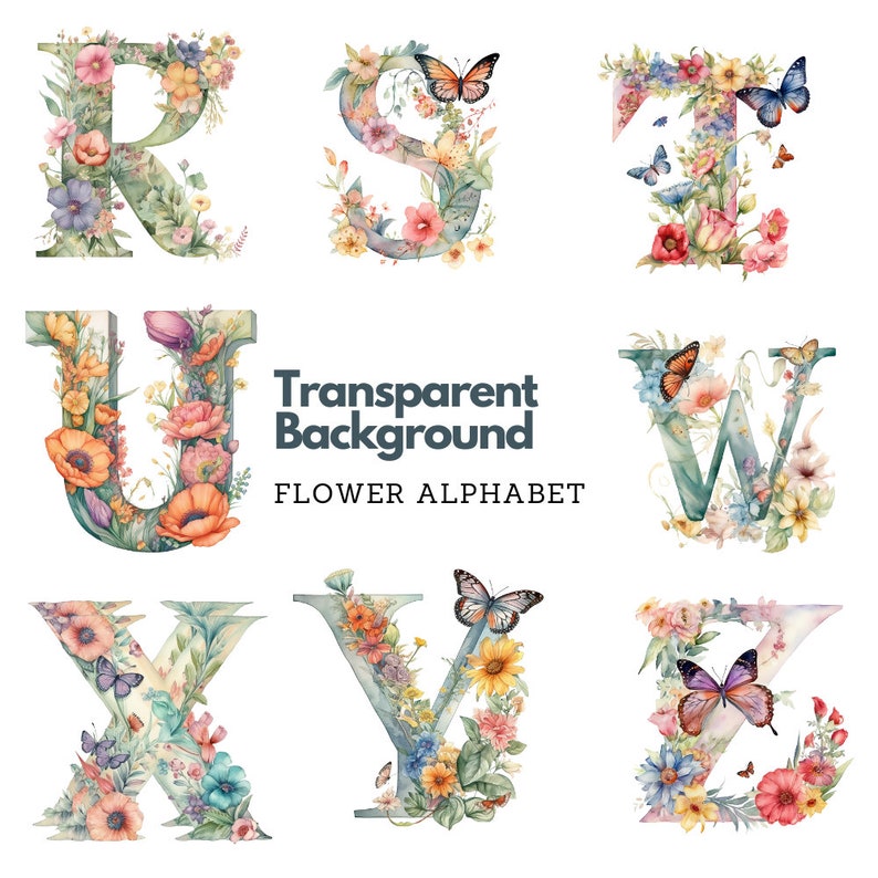 Watercolor Floral Alphabet Letters Clipart PNG Bundle Floral Clip Art ...