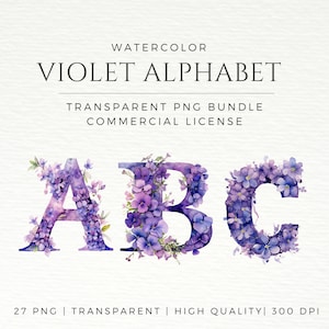 Violeta Floral Alfabeto Acuarela Floral Alfabeto Letras Clipart PNG Paquete Floral Clip art Letras Niños Alfabeto DIY Licencia comercial