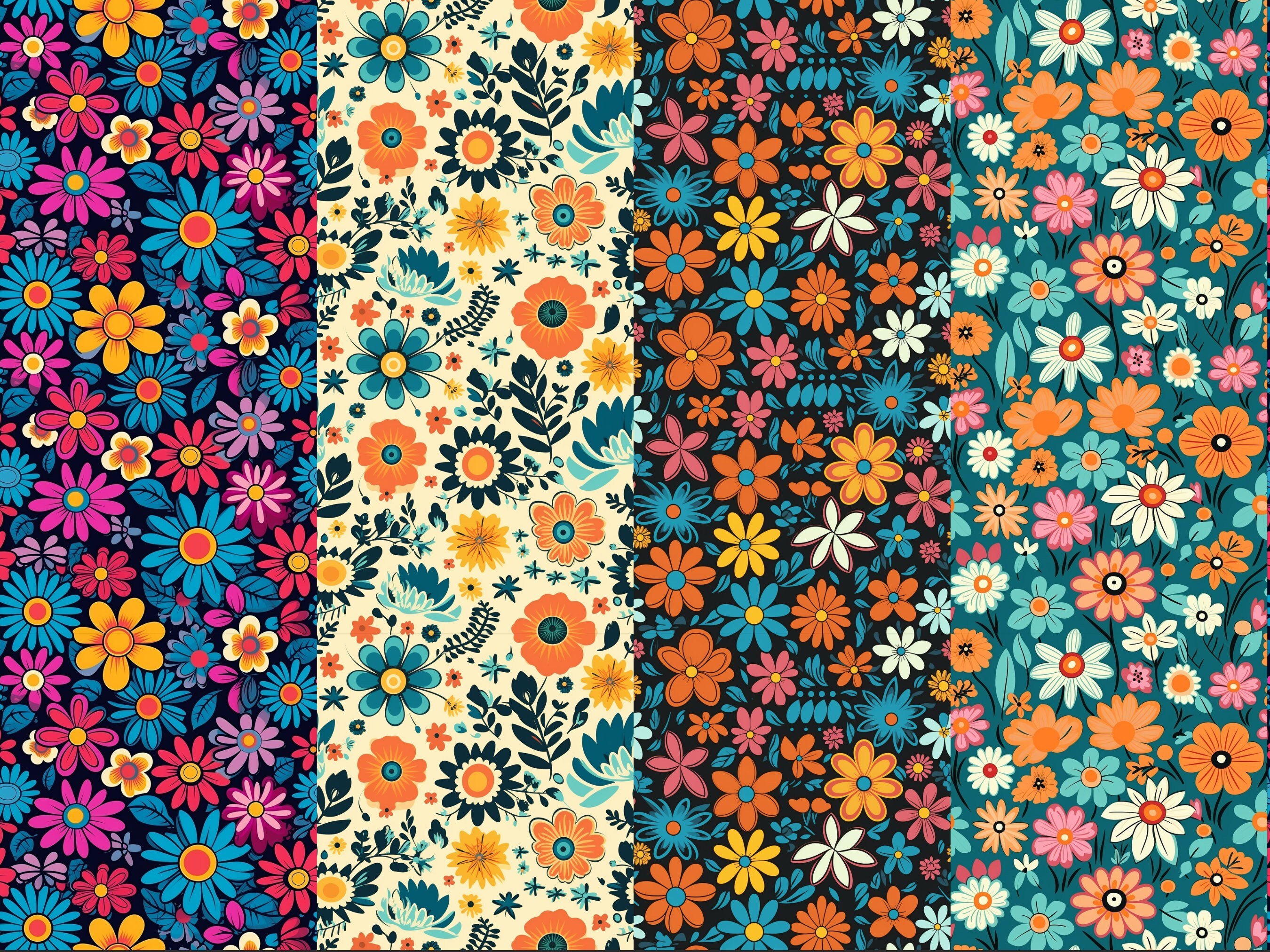 Retro Flowers Digital Paper Seamless Patterns Comercial License Digital ...