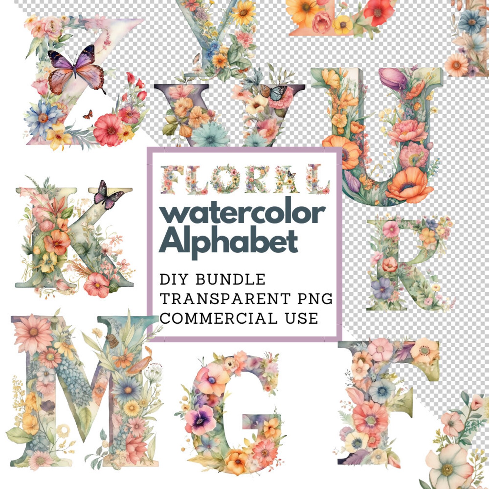 Watercolor Floral Alphabet Letters Clipart PNG Bundle Floral Clip Art ...