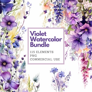 Paquete de imágenes prediseñadas botánicas púrpuras PNG acuarela flores violetas paquete botánico flores pastel clipart boda planificación invitaciones de boda