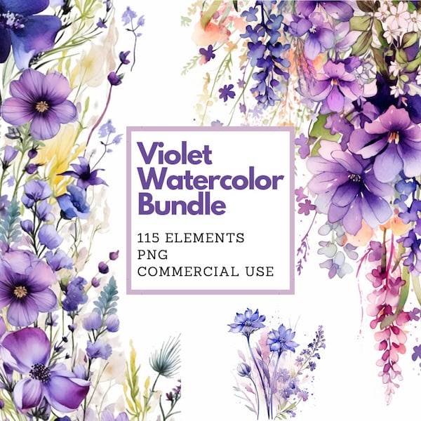 Purple botanical clipart bundle PNG watercolor violet flowers bundle botanical pastel flowers clipart wedding planning wedding invitations