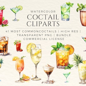 41 Watercolor Cocktail Clipart Bundle Signature Cocktail glasses clipart mohito margherita moscow mule screwdriver pinacolada cuba libre